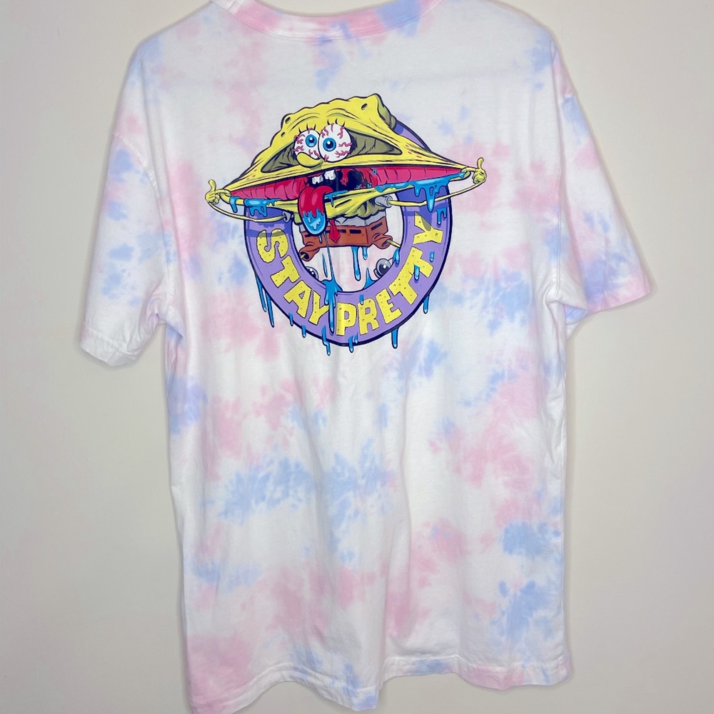 H&M White Tie-Dye Short Sleeve Tee with Pastel Pink & Blue and Yellow Graphic